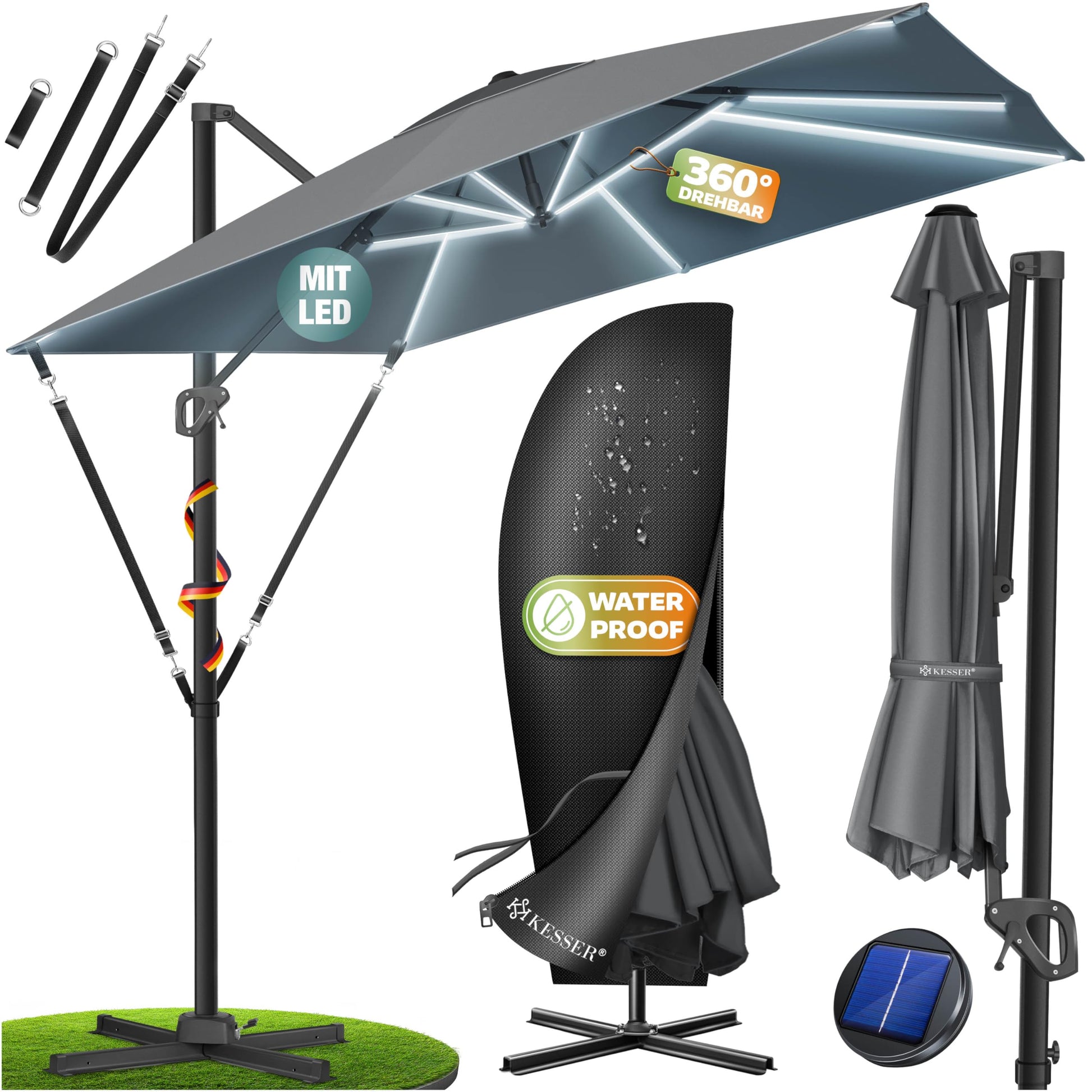 KESSER Sonnenschirm Ampelschirm SUN XL 300 x 300 cm, Anthrazit, eckig, mit Kurbel