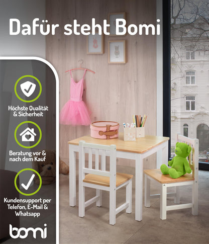 Bomi Amy Kindertisch mit 2 Stühlen Set Holz Weiss Natur