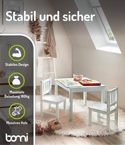 Bomi Kindersitzgruppe Amy Holz – Kindertisch Set 2 Stühle Weiss