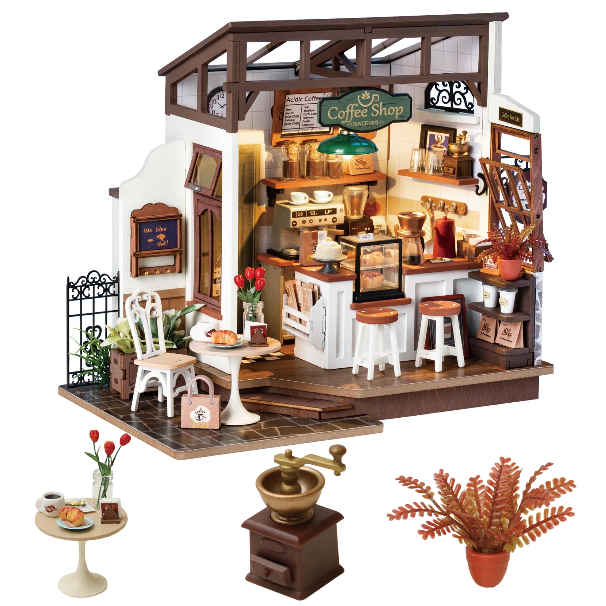 Rolife DIY Miniature House Café Shop DG162 Miniaturhaus Bausatz – Holzbausatz mit Aussenterrasse und Kronleuchter