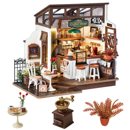 Rolife DIY Miniature House Café Shop DG162 Miniaturhaus Bausatz – Holzbausatz mit Aussenterrasse und Kronleuchter
