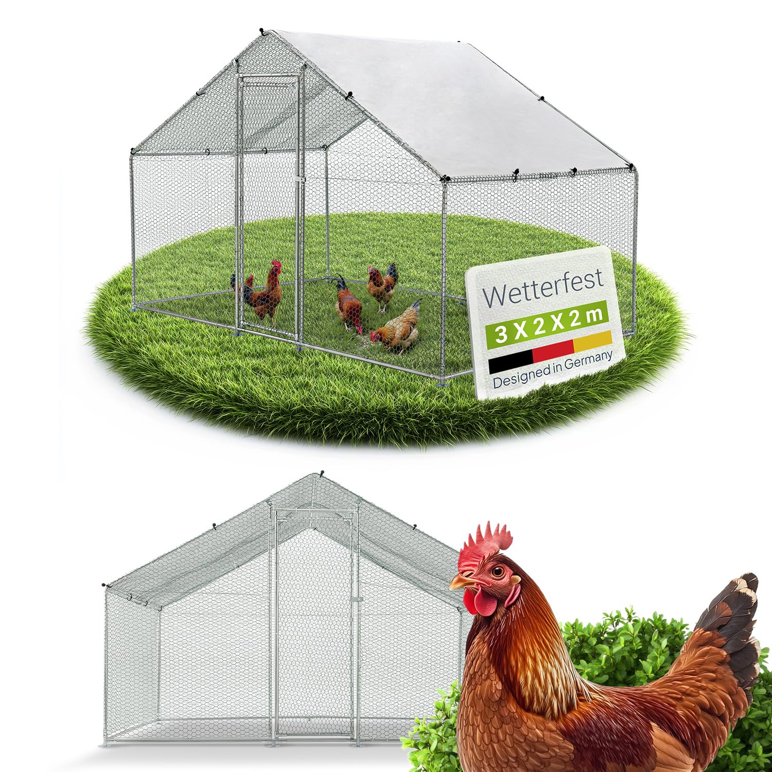 Juskys Freilaufgehege 3x2x2m – Begehbarer Hühnerstall aus Metall, graues Metallgitter. Bietet Hühnern sicheren Freilauf.