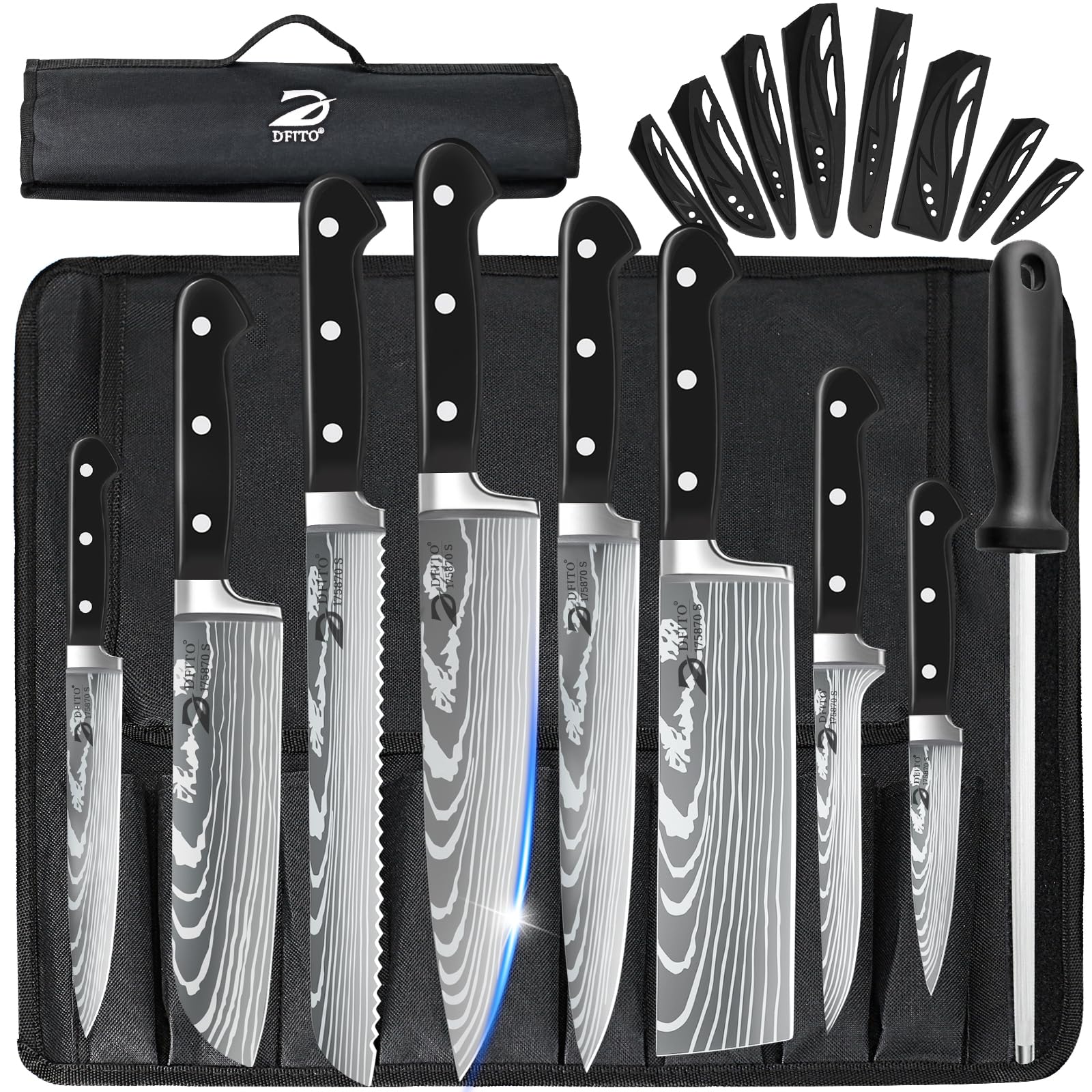 Dfito Profi Kochmesser Set Edelstahl 8-teilig Rolltasche: Acht Edelstahl-Kochmesser in einer Rolltasche zum professionellen Schneiden von Lebensmitteln.