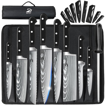 Dfito Profi Kochmesser Set Edelstahl 8-teilig Rolltasche: Acht Edelstahl-Kochmesser in einer Rolltasche zum professionellen Schneiden von Lebensmitteln.