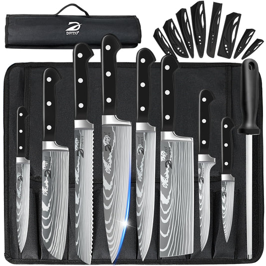 Dfito Profi Kochmesser Set Edelstahl 8-teilig Rolltasche: Acht Edelstahl-Kochmesser in einer Rolltasche zum professionellen Schneiden von Lebensmitteln.