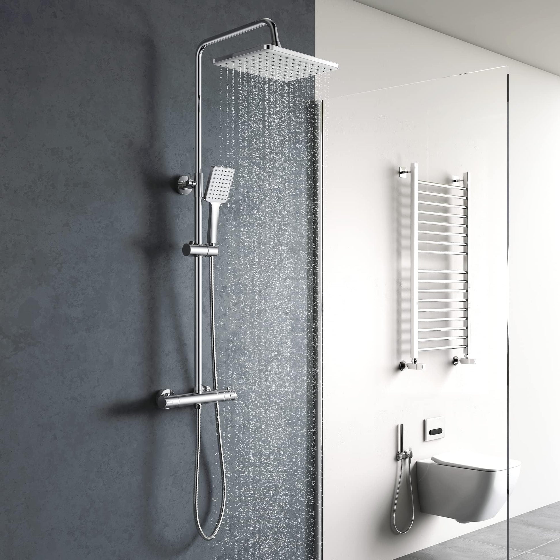 YOOZENA Duschsystem Komplettset mit Thermostat – Regendusche. Chromfarben, mit Handbrause. Thermostat regelt die Wassertemperatur präzise.
