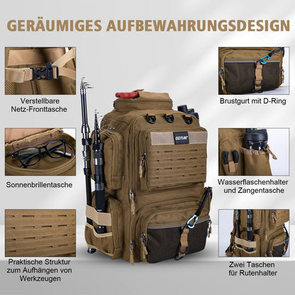 Goture Angelrucksack 45L – 4 Köderboxen, Rutenhalter, wasserabweisend
