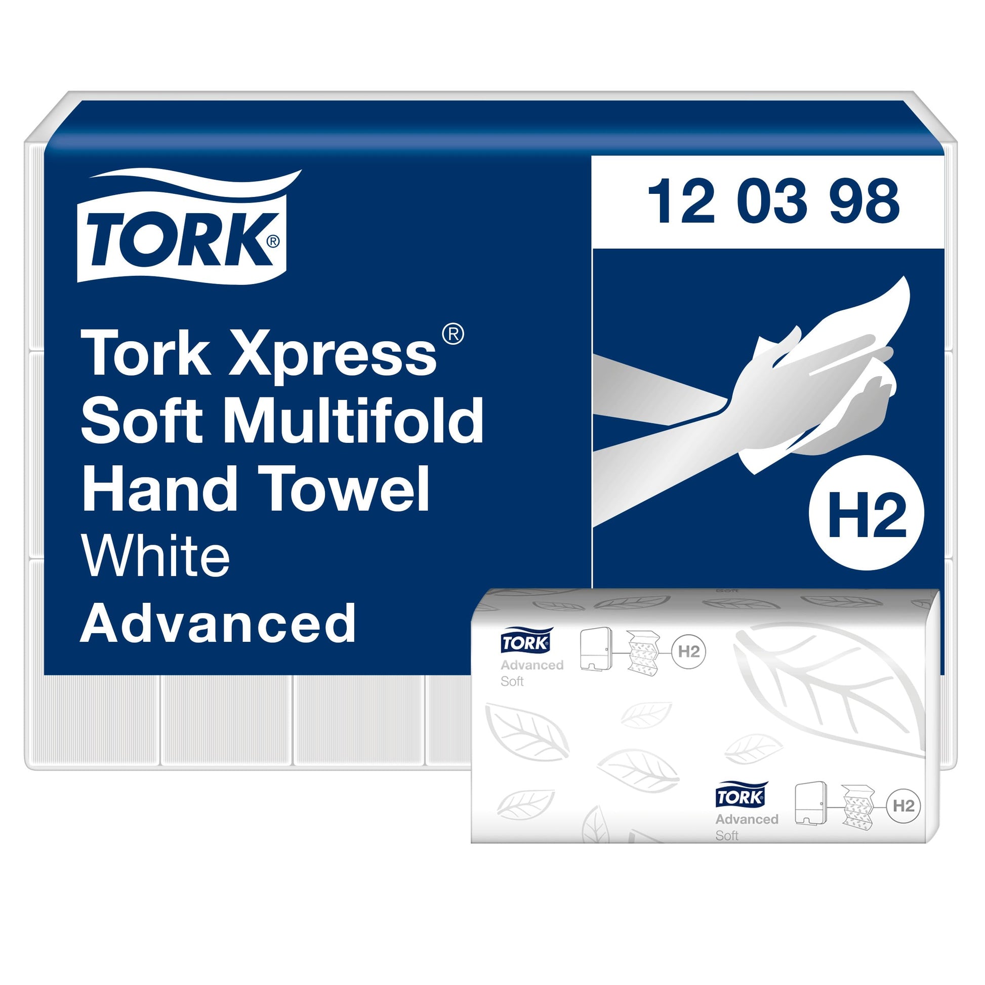 Tork Xpress Multifold Handtücher H2 Advanced Weiss 2-lagig. Rechteckige, weiße 2-lagige Papiertücher zum Händetrocknen in H2-Spendern.