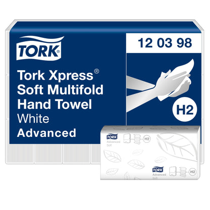 Tork Xpress Multifold Handtücher H2 Advanced Weiss 2-lagig. Rechteckige, weiße 2-lagige Papiertücher zum Händetrocknen in H2-Spendern.