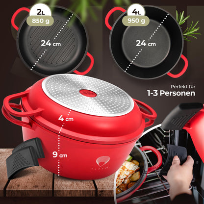 TLESS Aluguss Bräter 2in1 mit Deckel für Induktion Ø 24 cm 4 Liter rot