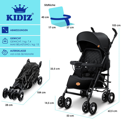 KIDIZ® City-Pro Kinderwagen Buggy mit Liegefunktion - Schwarz