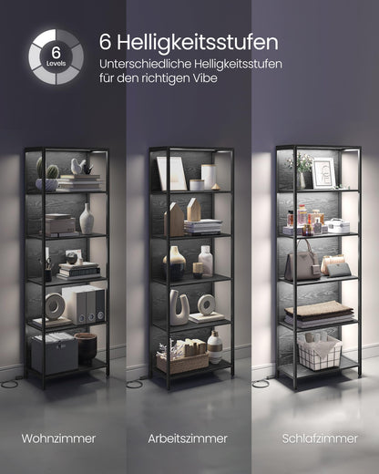 VASAGLE Bücherregal mit LED-Beleuchtung, 6 Ebenen, schwarz