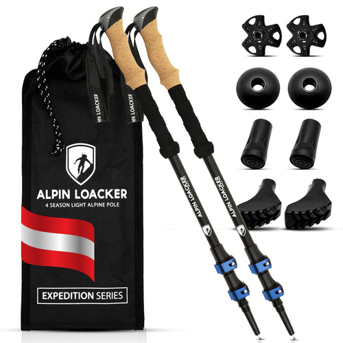 ALPIN LOACKER Teleskop Wanderstöcke Aluminium mit Korkgriff, blau, inklusive Schneeteller und Gummipuffer