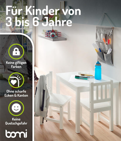 Bomi Kindersitzgruppe Amy Holz – Kindertisch Set 2 Stühle Weiss