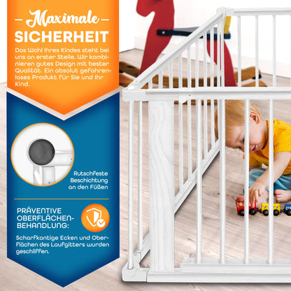 KIDUKU® 7,2 Meter Baby Laufgitter XXL klappbar inkl. Tür | Laufstall mit doppelter Sicherung | Absperrgitter für Kinder inkl. 8 Elementen | Krabbelgitter individuell formbar