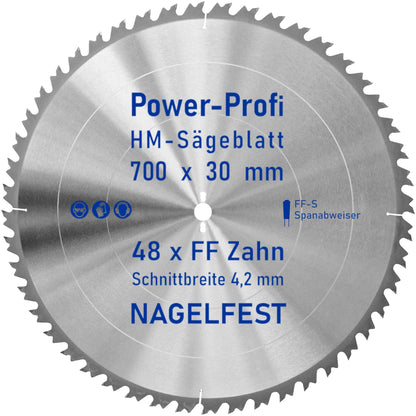 AZprof HM-Kreissägeblatt 700 x 30 mm, 48 Zähne, nagelfest FF-S mit Hartmetallzähnen und Spanabweiser