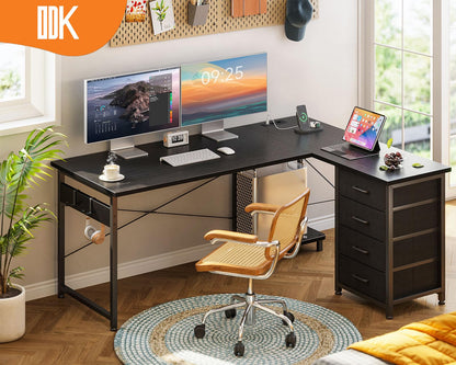 ODK Eckschreibtisch L-Form - Schwarz, 135x100 cm, Schubladen, Steckdose