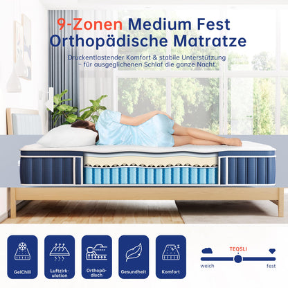 TeQsli Gel-Federkernmatratze 90x200 cm H3, 9-Zonen Taschenfederkern