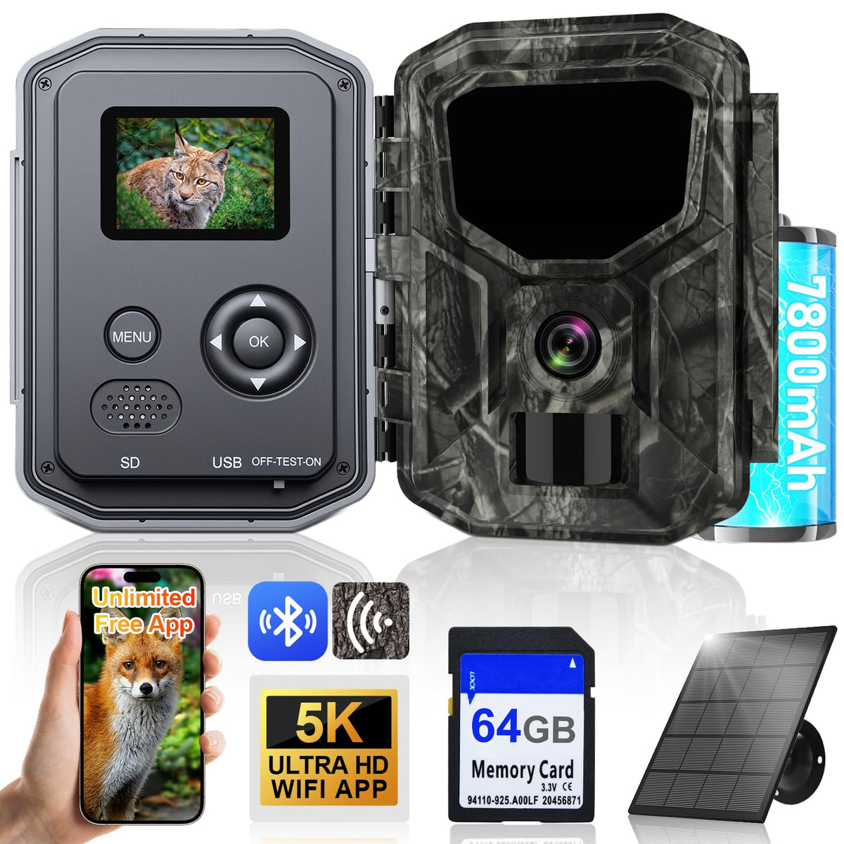 Lutranstra 5KB Wildkamera mit Solarpanel, 5K Video und 64 MP – getarntes Gehäuse für die Wildtierbeobachtung