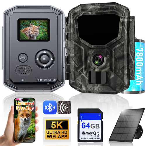 Lutranstra 5KB Wildkamera mit Solarpanel, 5K Video und 64 MP – getarntes Gehäuse für die Wildtierbeobachtung