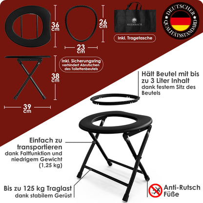 Weidebach Campingtoilette faltbar, mobile Klapptoilette mit 22 Beuteln