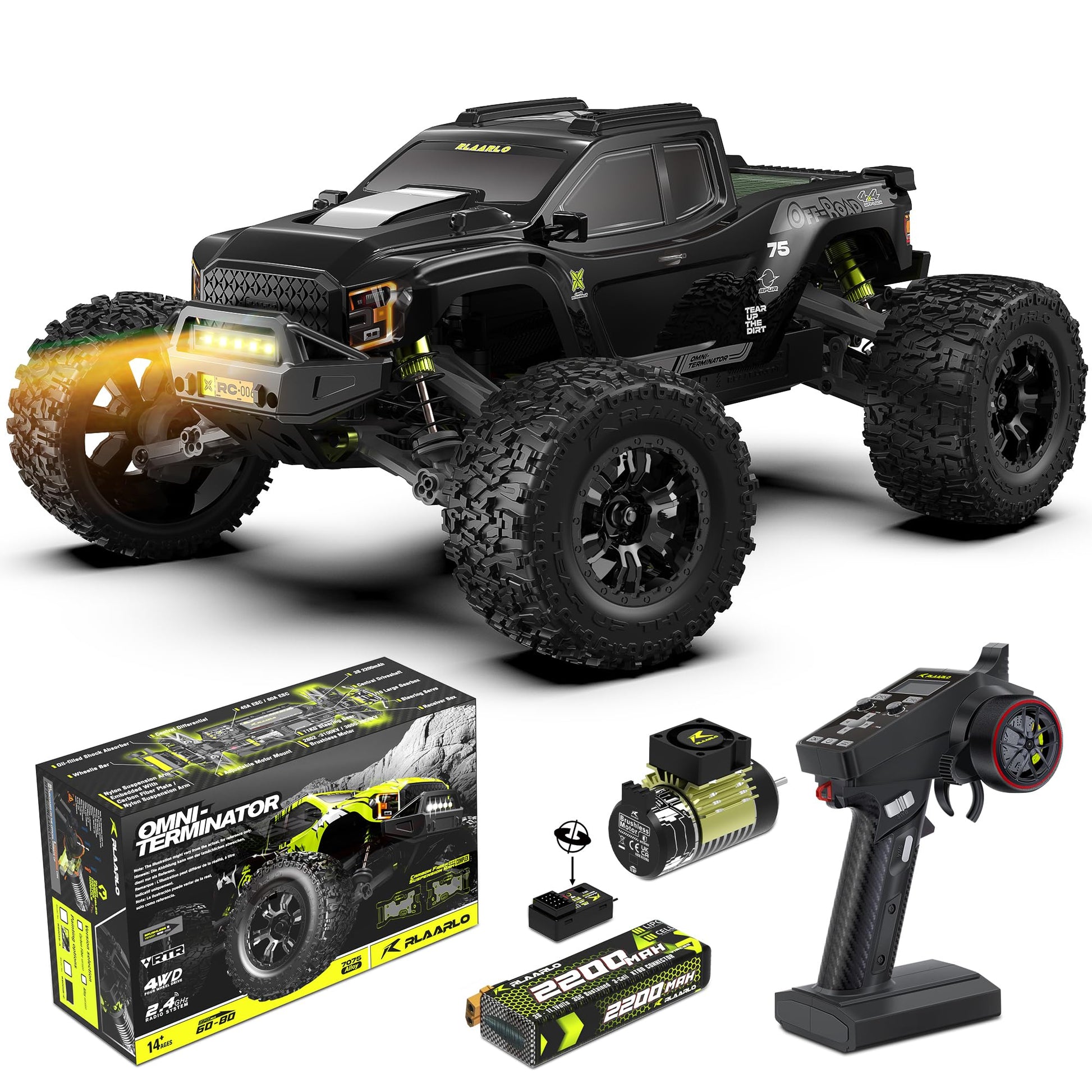 RIAARIO RC Monster Truck 1:10 Brushless 4WD ferngesteuertes Auto mit Kohlefaser-Teilen und Multi-Terrain-Reifen