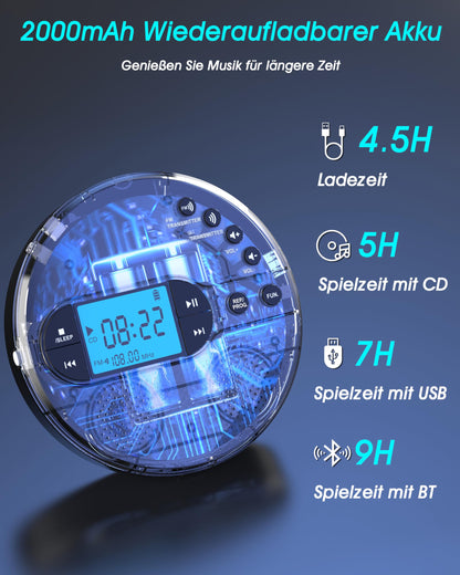 Greadio CD-35 Tragbarer CD-Player mit Bluetooth und FM-Transmitter