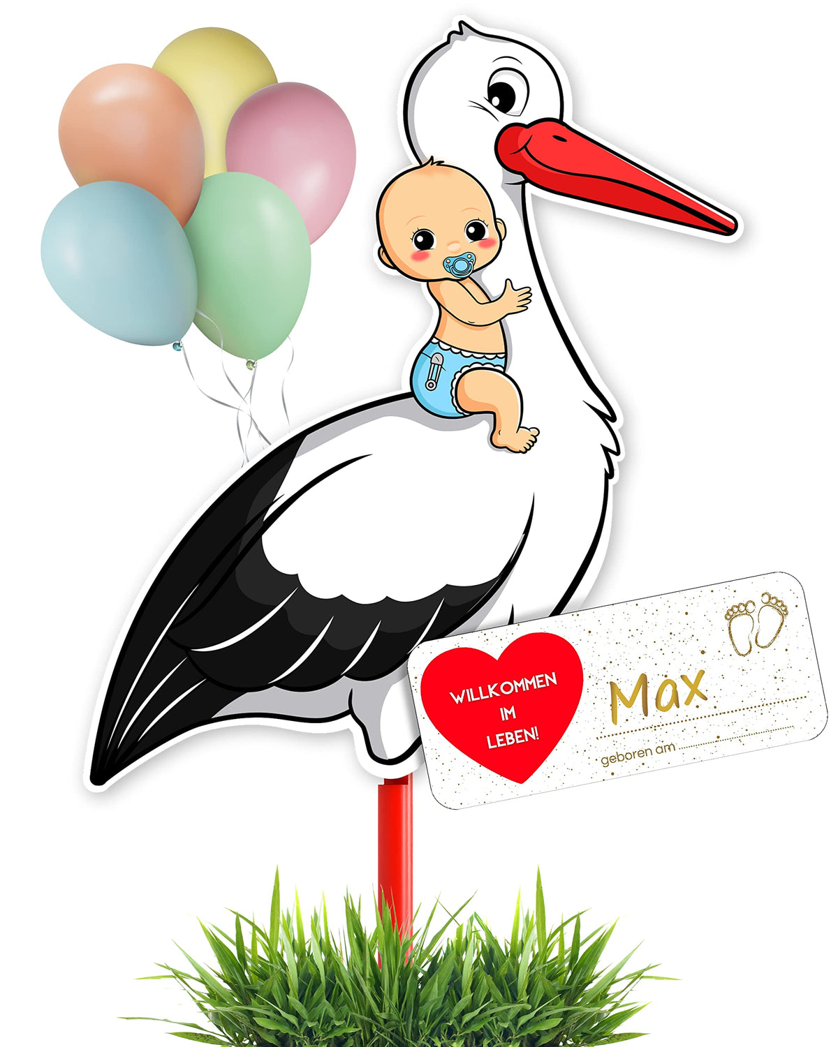 GLÜCKSGUT Klapperstorch Baby Blau 100 cm, Geburtsstorch Set in Blau mit Holzstab und Namensschild zur Geburt