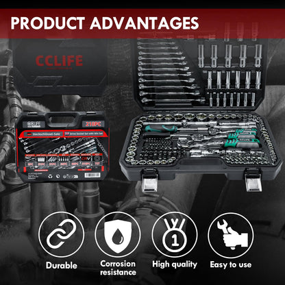 CCLIFE Steckschlüsselsatz 218-teilig Cr-V - 1/2" 1/4" 3/8" Ratschenkoffer