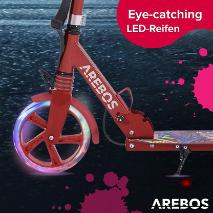 Arebos Cityroller Tretroller – Rot, Klappbar mit LED Räder
