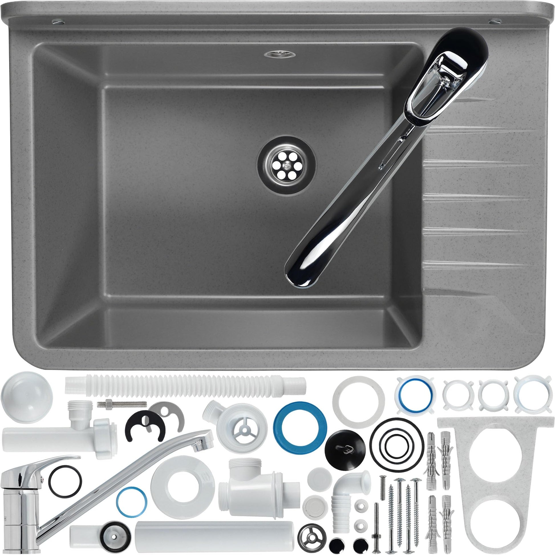 GOSPO Ausgussbecken Polypropylen inkl. Armatur & Siphon - Grau. Grau, tiefes Becken für Schmutzwasser und Reinigung, komplett mit Armatur & Siphon.