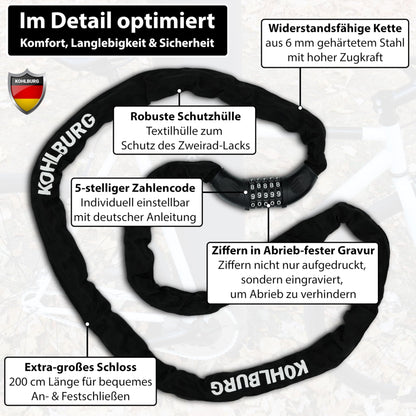 KOHLBURG Zahlenschloss Kettenschloss Fahrrad E-Bike 200cm