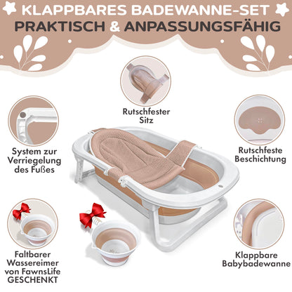 FawnsLife Babybadewanne faltbar XXL mit Sitz und Wassereimer