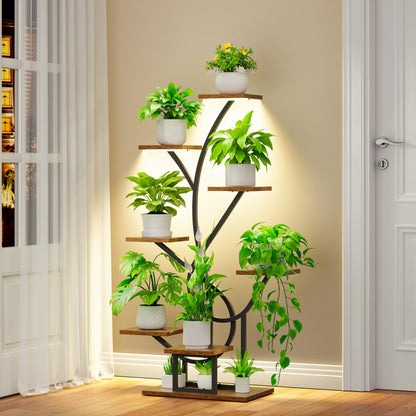 BACEKOLL Pflanzenständer mit Wachstumslicht - 8 Ebenen Blumenständer 126cm Metall Holz Pflanzenregal - Innen & Außen Blumentreppe - Dekoratives Schwarz Blumenregal für Innen Garten Balkon