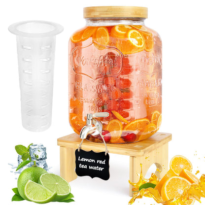 AIQII Getränkespender Glas 7,6 L mit Edelstahl-Zapfhahn und Ständer – transparenter Glasbehälter auf Bambusständer