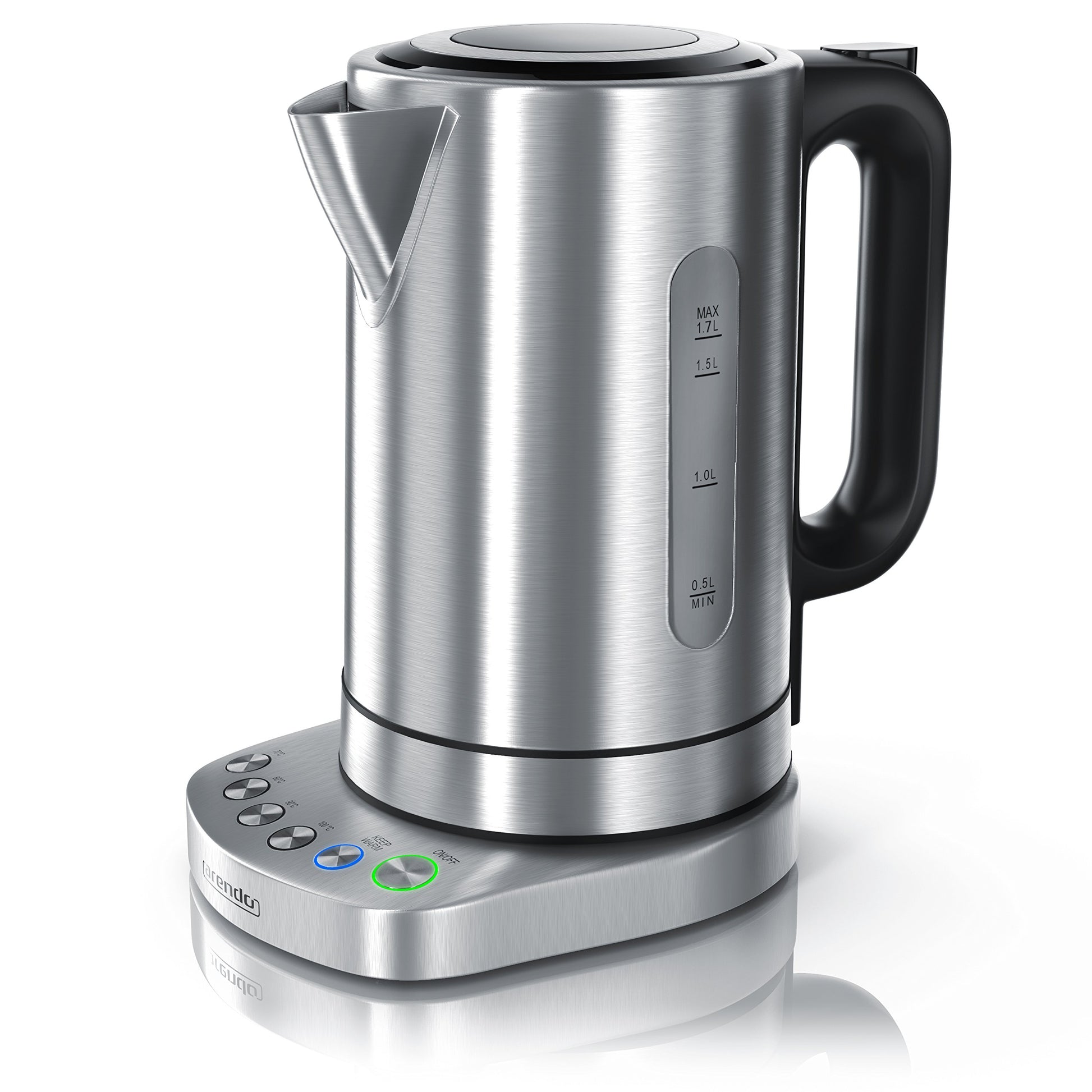 Arendo Edelstahl Wasserkocher mit Temperaturwahl, 1,7 l, 3000 W, silber, mit Basisstation