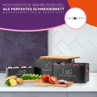 TWOBERRY Kartoffel Aufbewahrungsbox 3er Set mit Sparschäler, Schwarz