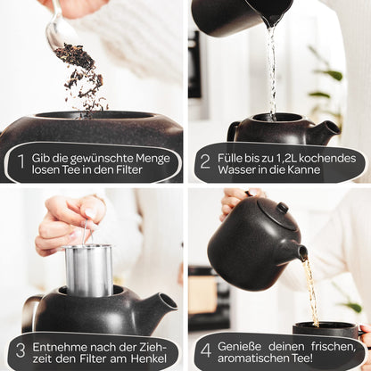 STEINZEIT Design Teekanne Keramik 1,3 L mit Edelstahlsieb, schwarz