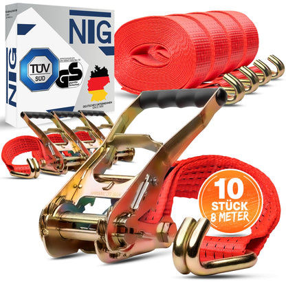 NTG Spanngurt-Set mit Ratsche, 8 m, 10-teilig, LC 5000 daN, TÜV/GS – 50 mm breite Polyester-Zurrgurte mit Haken