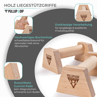 PULLUP & DIP Liegestützgriffe aus Buchenholz mit Handgelenkbandagen