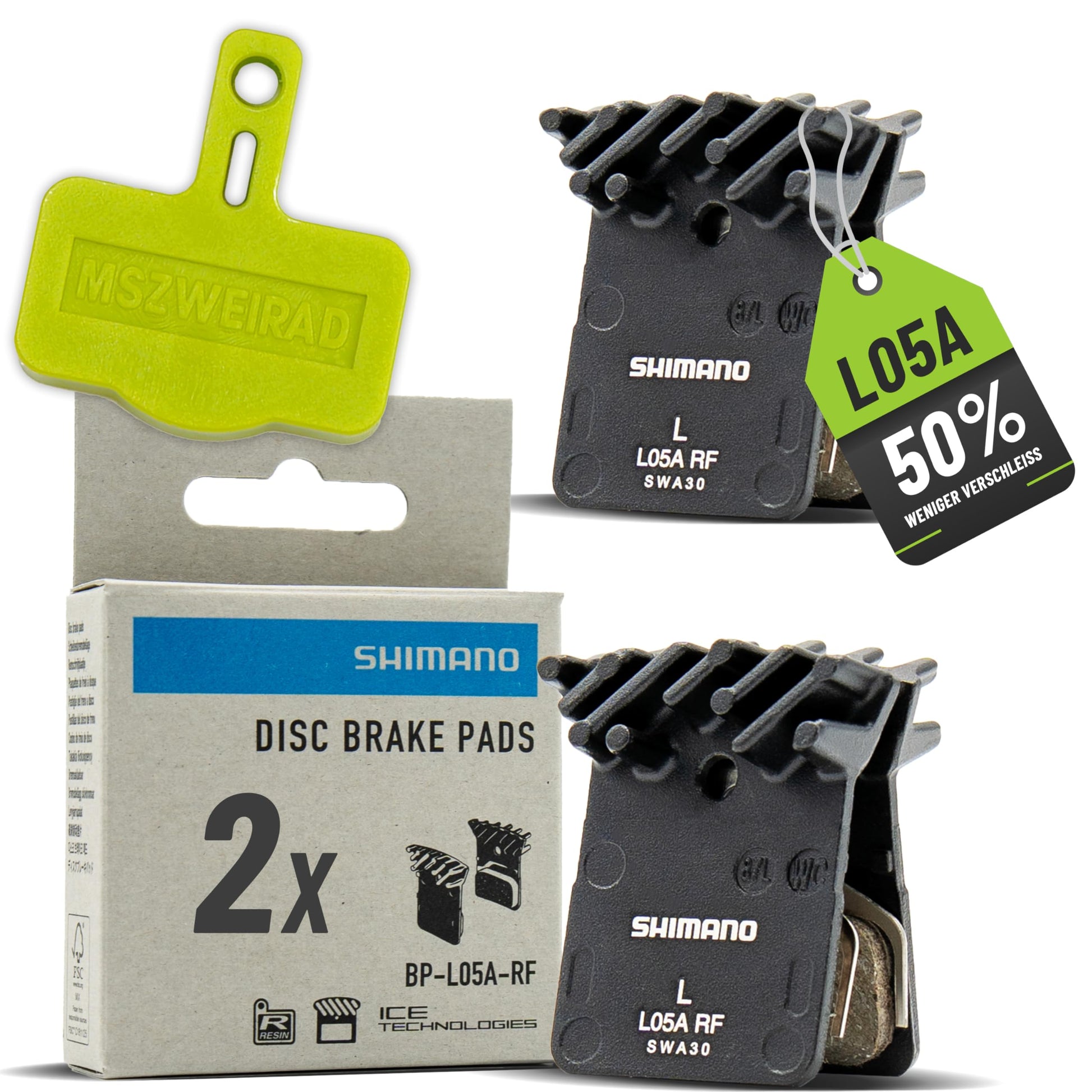 Shimano L05A-RF Scheibenbremsbeläge Resin mit Kühlrippen, 2er Set inklusive Bleedblock