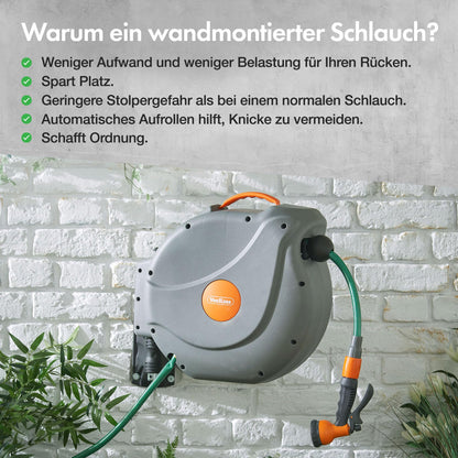 VonHaus Schlauchtrommel 30 m, automatischer Wand-Schlauchaufroller