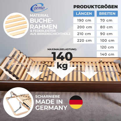 Coemo Lattenrost verstellbar Kopfteil 7-Zonen Bettrost - 80x190 cm
