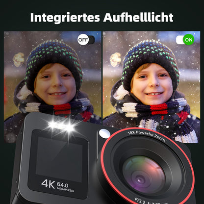 Caytail Digitalkamera 4K 64MP Kompaktkamera mit 18x Zoom, Schwarz