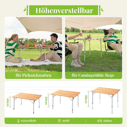 KingCamp Campingtisch Bambus Klapptisch höhenverstellbar – 100x65cm