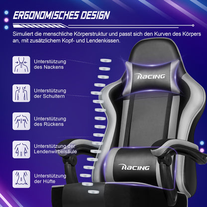 minnouat Gaming Stuhl ergonomisch mit Fussstütze, Kunstleder, Grau