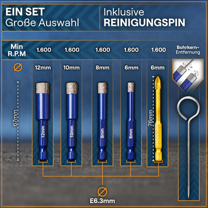 WERKSTEIN Fliesenbohrer Set, Diamantbohrer 6–12 mm + Karbidbohrer