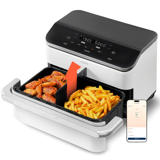 COSORI Dual Blaze TwinFry 10L Heissluftfritteuse - Cremeweiss. Kubisches Gerät mit zwei Garkammern für ölfreies Frittieren, Backen und Braten.