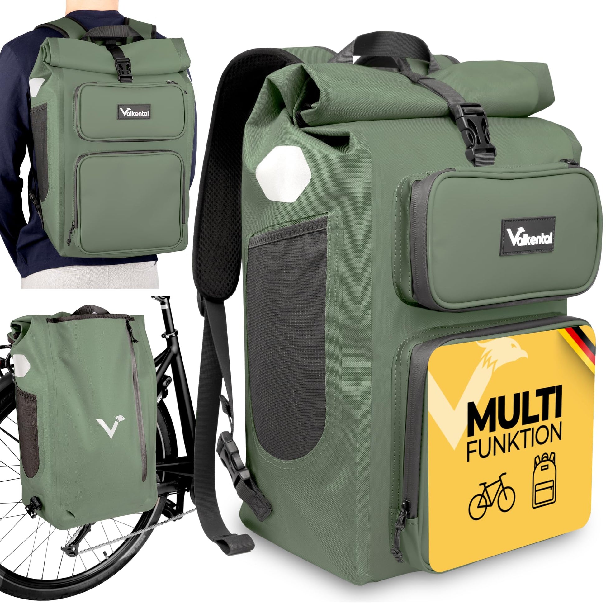 Valkental UrbanX 2in1 Fahrradtasche & Rucksack, wasserdicht, 28 l – Gepäckträgertasche mit Reflektoren