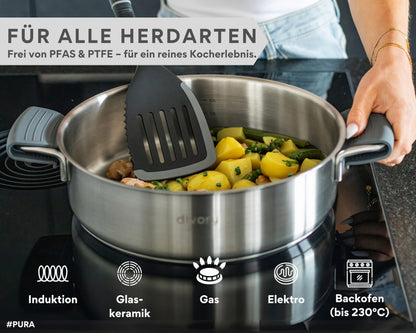 DIVORY PURA Hohe Edelstahl Schmorpfanne mit Deckel - 28 cm